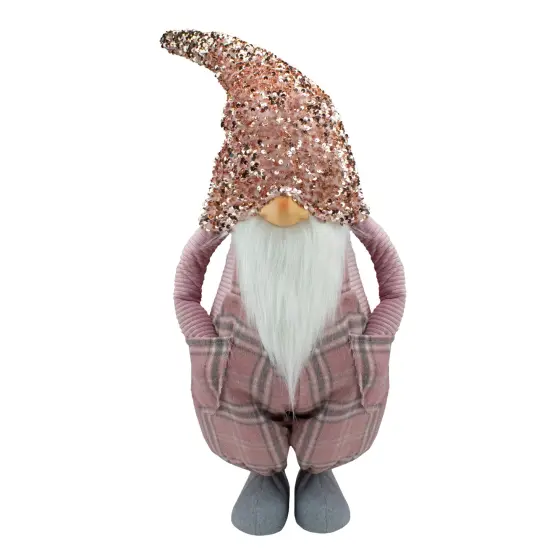 Northlight Tall Christmas Gnome Figure with Plaid Overalls Sequin Hat - 30" - Pink and Gray {1}