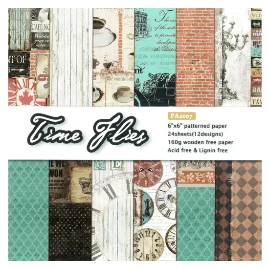 Wrapables 6x6 Decorative Single-Sided Scrapbook Paper for Arts & Crafts Projects, Scrapbooking, Card-Making Coffee & Clocks {2}
