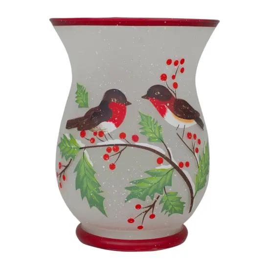 Northlight 8" Hand Painted Finches and Pine Glass Christmas Candle Holder White {1}