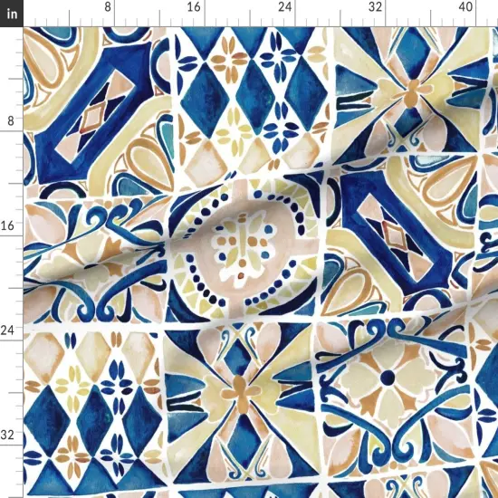 Various Fabrics by the Yard or Fat Quarter Blue Geometric Watercolor Painting Italy Rustic Tuscany Mediterranean Watercolour Italian Villa Tiles Large Scale Custom Printed Fabric by Spoonflower {1}
