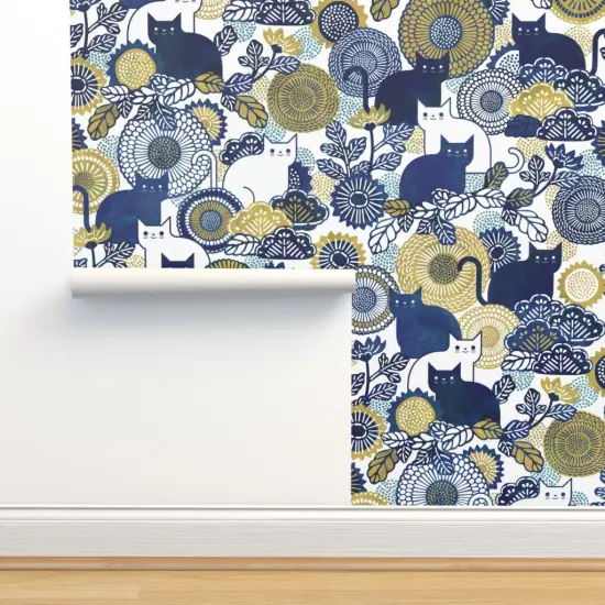 Pre-Pasted Wallpaper 2FT Wide Cat Vintage Floral Gold Cats Navy Blue And Flowers Garden With Custom Pre-pasted Wallpaper by Spoonflower {2}