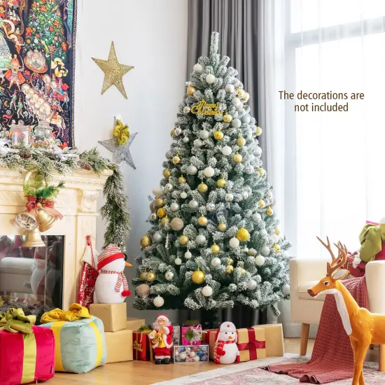 Costway 6ft Pre-lit Snow Flocked Hinged Christmas Tree w/ 928 Tips & Metal Stand {3}