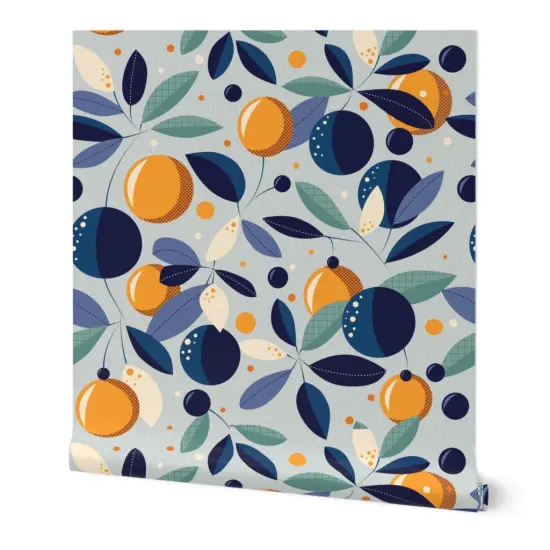 Peel & Stick Wallpaper 2FT Wide Blue Floral Oranges Citrus Garden Mid-Century Botanical Moonlight Tuscan Mediterranean Large Scale Custom Removable Wallpaper by Spoonflower {7}