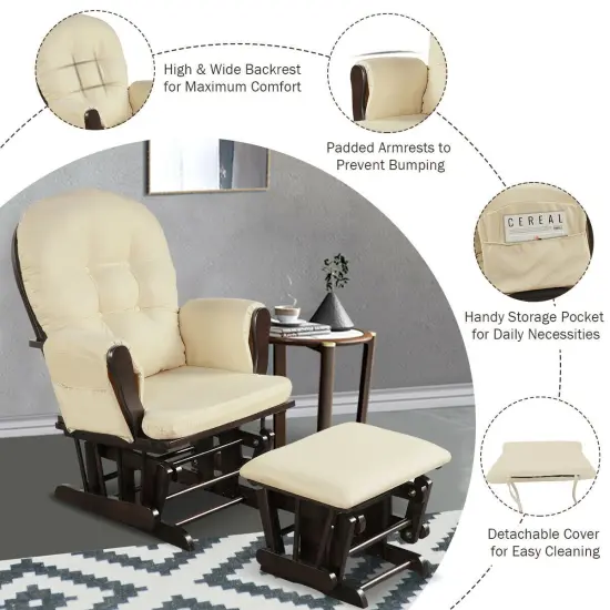 Solid Wood Gliding Chair Set with Pockets and Ottoman for Relaxing Beige {5}