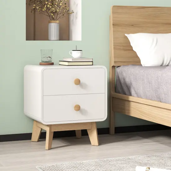 Costway 1/2 PCS Nightstand Mid Century Modern Bedside Table with 2 Drawers Solid Rubber Wood Legs White {4}