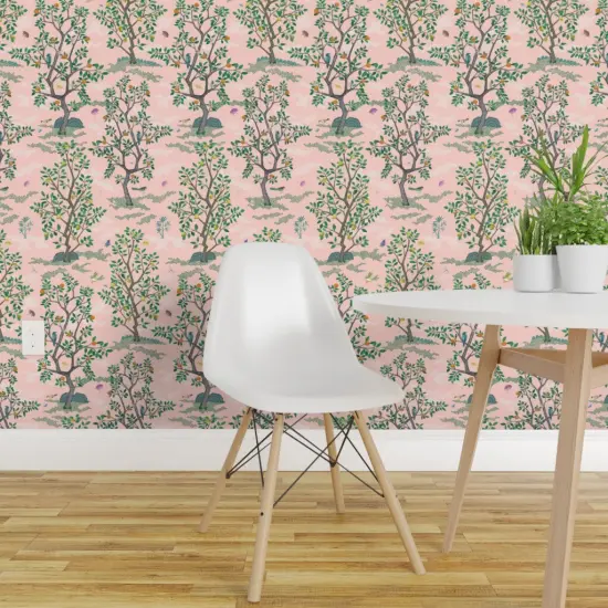 Pre-Pasted Wallpaper 2FT Wide Chinoiserie Pink Botanical Nature Oranges Lemons Birds Custom Pre-pasted Wallpaper by Spoonflower {1}