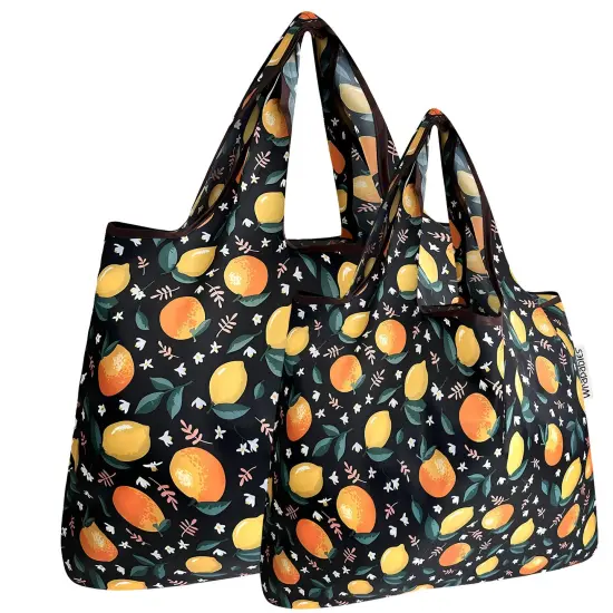 Wrapables Large & Small Foldable Tote Nylon Reusable Grocery Bags, Set of 2 Oranges & Lemons {1}