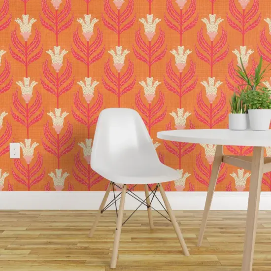 Peel & Stick Wallpaper 2FT Wide Floral Damask Bright Vintage Cream Retro Orange Funky Simple Custom Removable Wallpaper by Spoonflower {1}