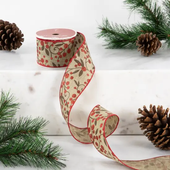 Northlight Red Berry Burlap Style Wired Craft Christmas Ribbon 2.5" x 10 Yards Brown {3}