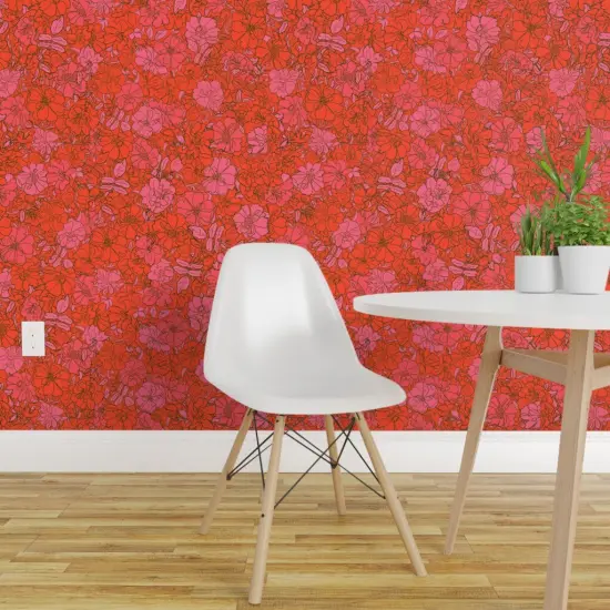 Peel & Stick Wallpaper 2FT Wide Red Floral Pink Retro Flowers Hand Drawn Small Scale Monochromatic Custom Removable Wallpaper by Spoonflower {1}