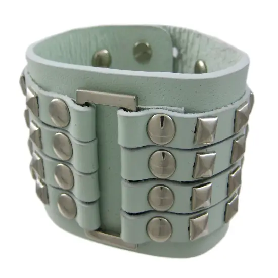 Gray Leather 4 Row Chrome Pyramid Stud Wristband {1}