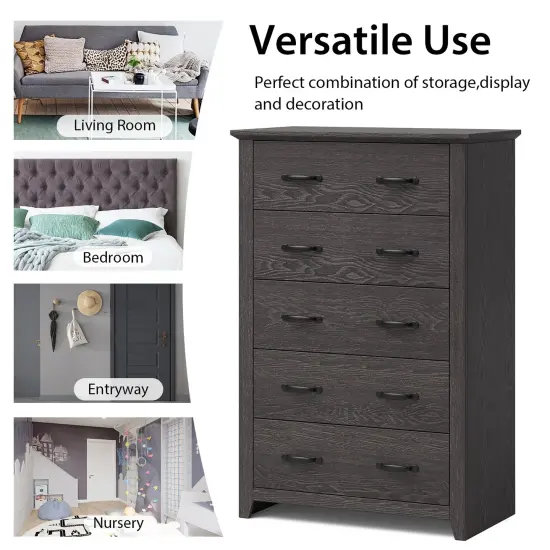 Costway 5 Drawer Chest Storage Dresser Tall Cabinet Organizer Bedroom Hallway Dark Grey/Walnut {6}