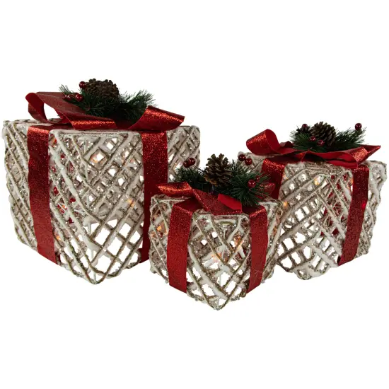 Northlight Set of 3 Lighted White Rope Gift Box Christmas Decorations 9.75" {1}