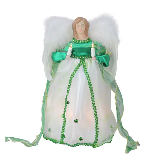 Kurt Adler 12" Green and White Lighted Luck of the Irish Angel Christmas Tree Topper {1}
