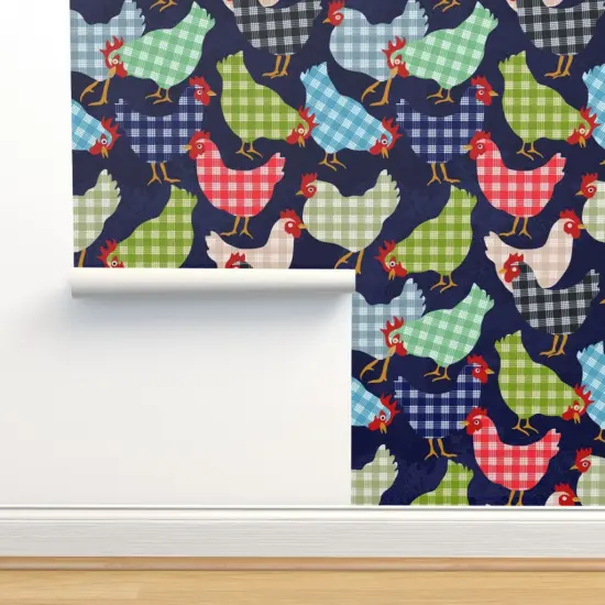 Pre-Pasted Wallpaper 2FT Wide Dark Blue Whimsical Animals Barnyard Multicolor Custom Pre-pasted Wallpaper by Spoonflower {2}