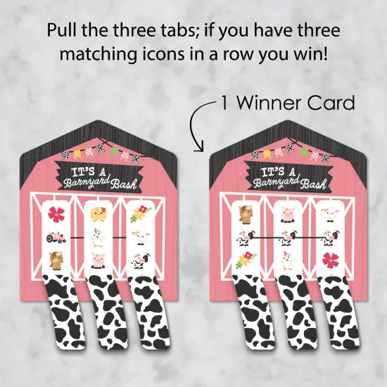 Big Dot of Happiness Girl Farm Animals - Pink Barnyard Baby Shower or Birthday Party Game Pickle Cards - Pull Tabs 3-in-a-Row - Set of 12 {4}