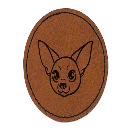 Chihuahua Dog Head Round Iron-On Engraved Faux Leather Patch Applique - 2.5" Brown {1}