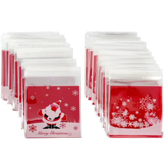Wrapables Transparent Self-Adhesive 4" x 4" Candy and Cookie Bags, Favor Treat Bags for Christmas Parties and Holidays (200pcs) Snow Falling Santa {1}
