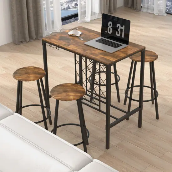 Costway 5PCS Bar Table & Stools Set Industrial Bistro Set with Wine Rack & Glass Holder {3}