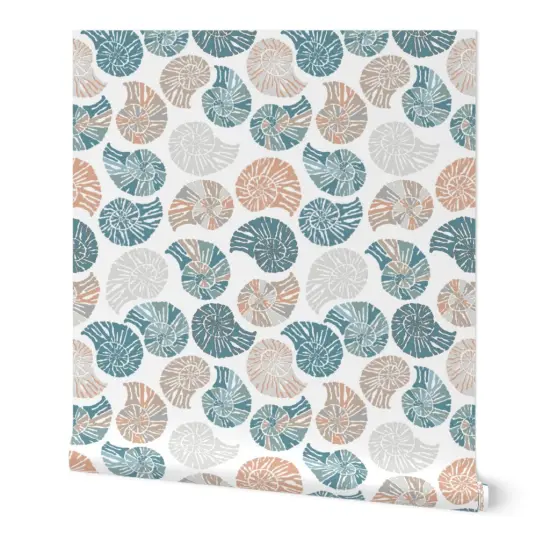 Peel & Stick Wallpaper 2FT Wide Coastal Shells Beach Blue Terra Cotta Seashells Nautical Custom Removable Wallpaper by Spoonflower {7}