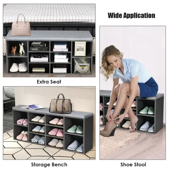 10-Cube Organizer Entryway Padded Shoe Storage Bench Grey {3}