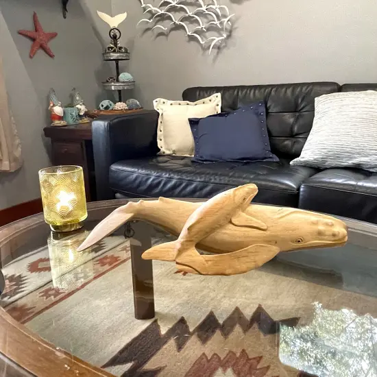 Beautiful Carved Teak Wood Humpback Whale and Baby Tabletop Statue 20 Inch {5}