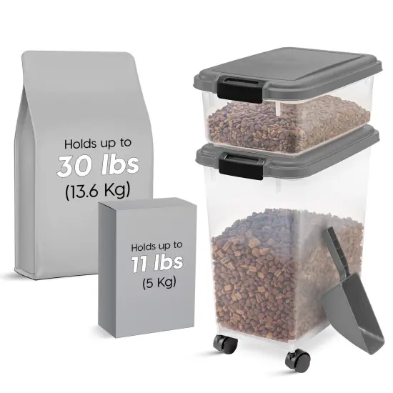 IRIS USA 30lbs+11lbs Airtight Pet Food Storage Container Combo with Scoop and Casters, up to 41lbs Dark Gray {1}
