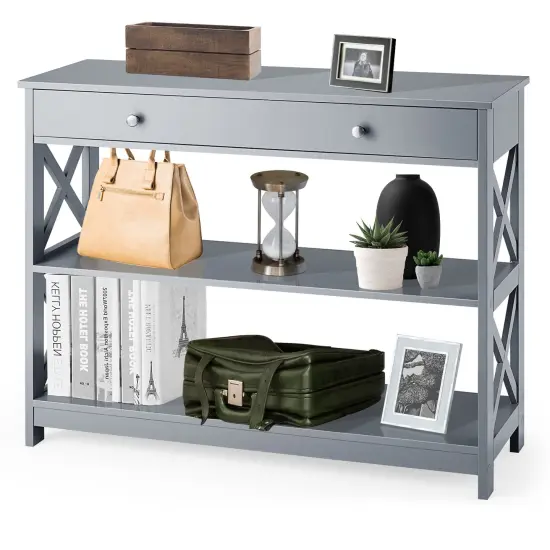 Console Table 3-Tier with Drawer and Storage Shelves Grey {1}
