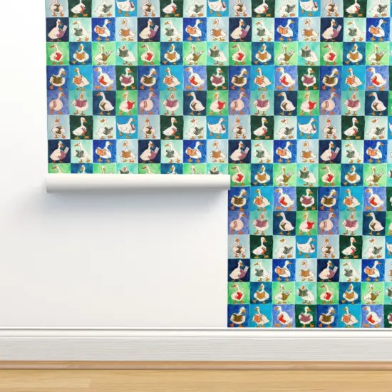 Pre-Pasted Wallpaper 2FT Wide Blue Birds Animals Whimsical Books Ducks Watercolor Book Covers Reading Group Duck Readers Library Lover Large Scale Custom Pre-pasted Wallpaper by Spoonflower {2}