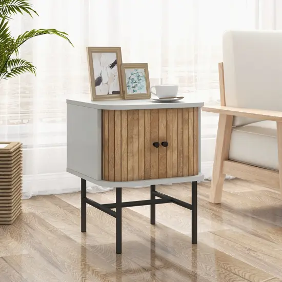 Costway Sliding Door Nightstand Mid-century Modern Storage End Table with Cabinet Black/Distressed White {2}