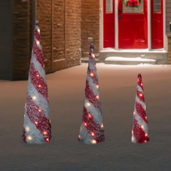 Northlight LED Lighted Snowy Candy Cane Striped Christmas Cone Trees - 3.25' - Set of 3 Red {5}