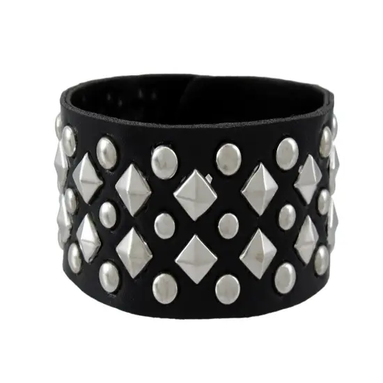 Black Vinyl Wristband with Chrome Pyramid and Round Studs {1}