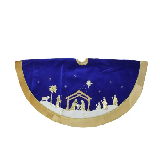 Northlight 48" Blue and Gold Nativity Scene Christmas Tree Skirt with Gold Border {3}