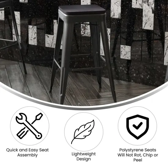 Emma and Oliver Cory Set of Four Backless Metal Stools with All-Weather Poly Resin Seats for Indoor Use Only Black/Black {2}