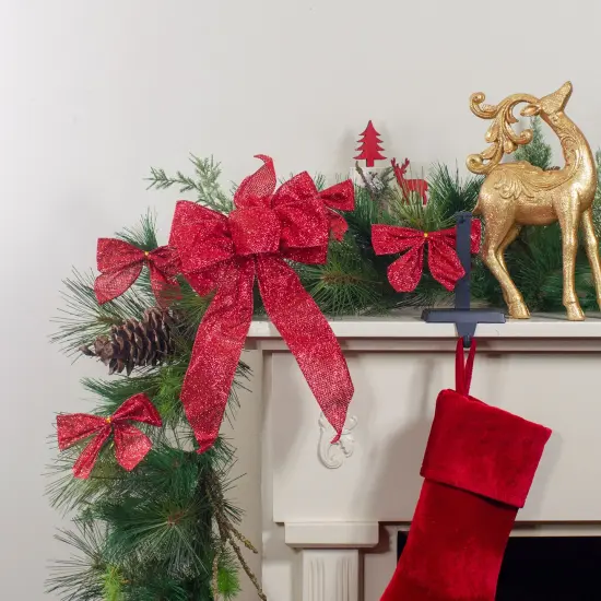 Northlight Glittered 2-Loop Christmas Bow Decorations - 5.5" - Red - Pack of 6 {3}