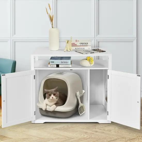 Wooden Cat Litter Box Enclosure Hidden Cat Washroom with Storage Layer White {2}