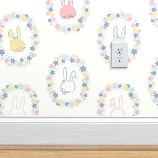 Peel & Stick Wallpaper 2FT Wide Easter Bunnies Pastel Floral Spring Flowers Periwinkle Lilac Blue Pink Ivory Garden Hand Drawn Whimsical Rabbits Custom Removable Wallpaper by Spoonflower {4}