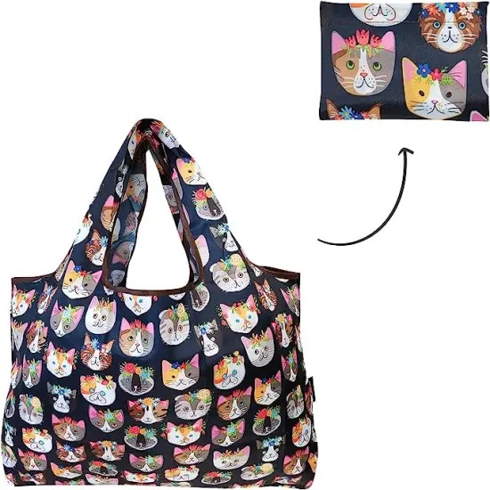 Wrapables Large Foldable Tote Nylon Reusable Grocery Bags, 5 Pack Cats, Dog, Llamas {5}