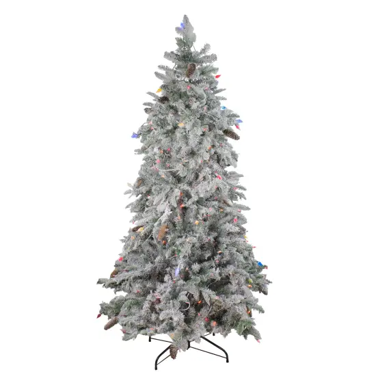 Northlight Real Touch&trade; Pre-Lit Artificial Flocked Dunton Spruce Slim Christmas Tree - 6.5' - Multi Lights Green {3}