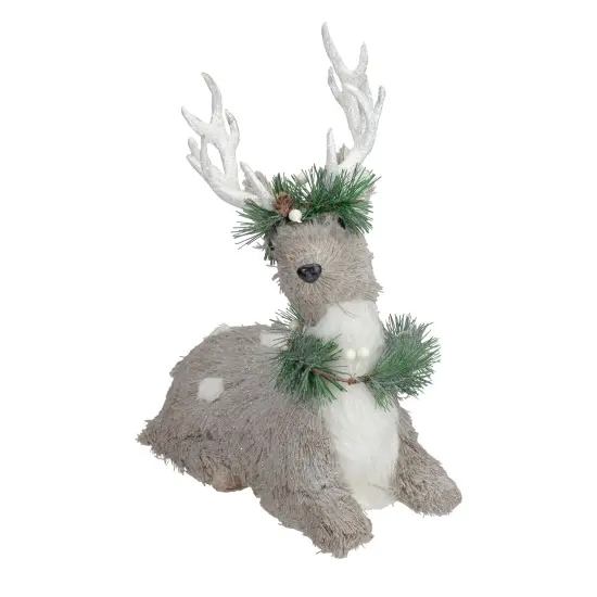 Northlight Sitting Sisal Reindeer with Wreath Christmas Figure - 12.75" - Gray {3}