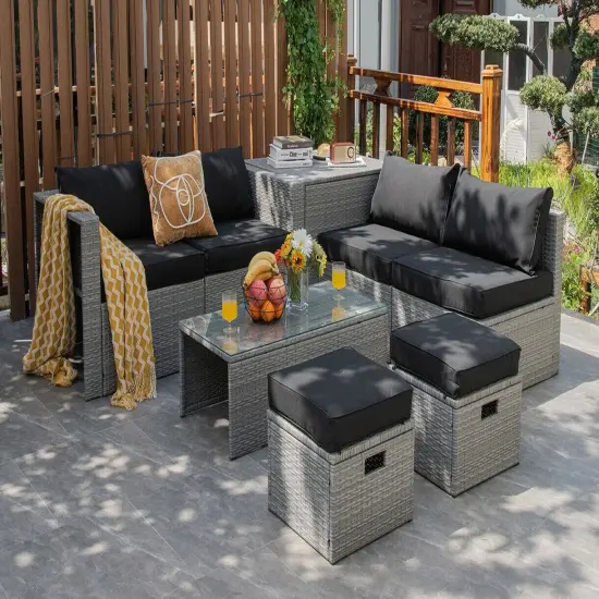 8 Pieces Patio Rattan Furniture Set with Storage Waterproof Cover and Cushion Red {7}