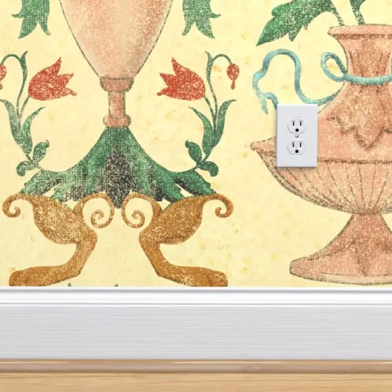 Pre-Pasted Wallpaper 2FT Wide Yellow Floral Wallpaper Home Decor Large Scale Italian Renaissance Terra Cotta Italy Villa Frescoes Vase Custom Pre-pasted Wallpaper by Spoonflower {4}