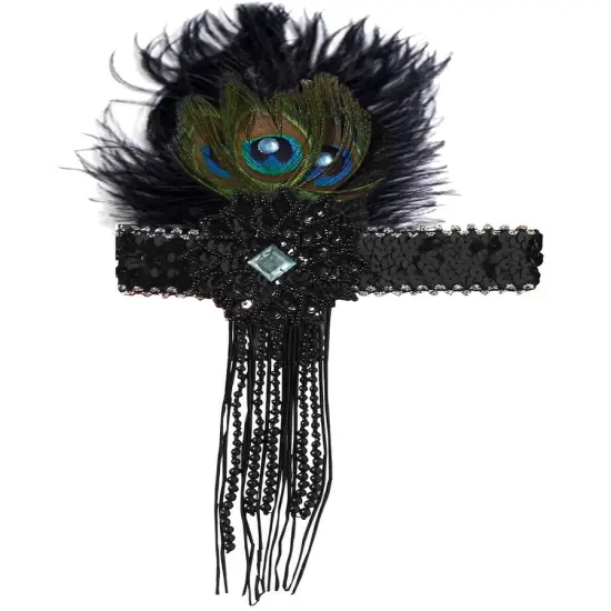Deluxe Black Sequin Flapper Costume Headband with Peacock Feather {1}