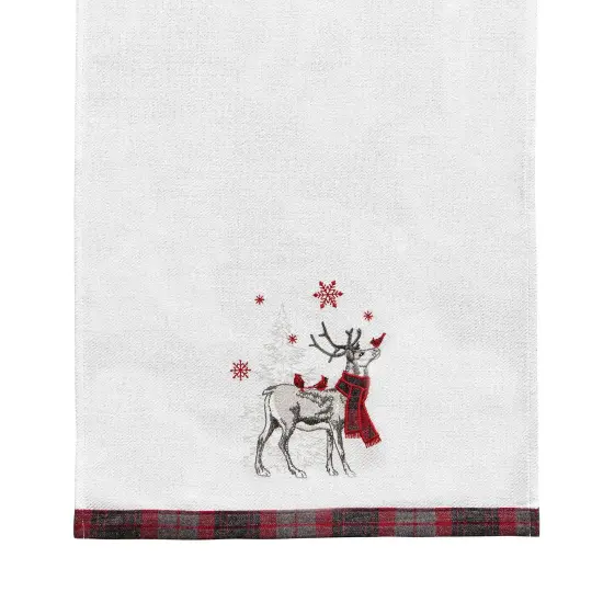 27" x 18" Frosty Deer White Deer Wearing Red & Black Plaid Scarf Christmas Holiday Embellished Flour Sack Kitchen Dish Towel {3}