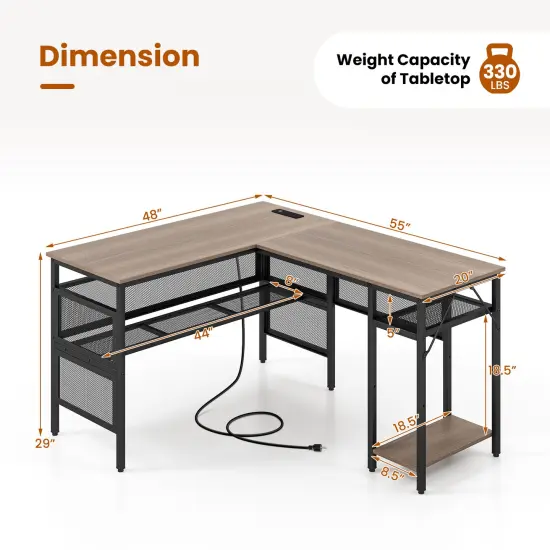 Costway Reversible L-Shaped Computer Desk with Charging Station Adjustable Shelf CPU Stand {3}