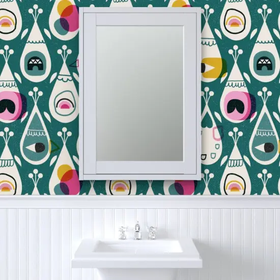 Pre-Pasted Wallpaper 2FT Wide Modern Retro Abstract Mid Century Mod Bird Feather Dark Green Custom Pre-pasted Wallpaper by Spoonflower {6}