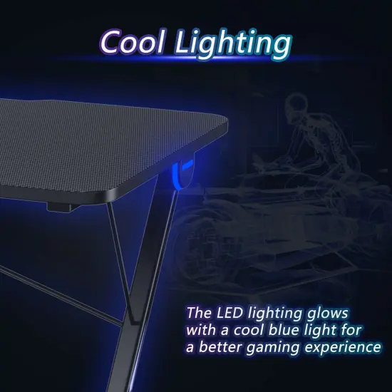 Costway 43.5 inch Gaming Desk Z Shape Office PC Computer Desk Gamer Tables w/ LED Lights {6}
