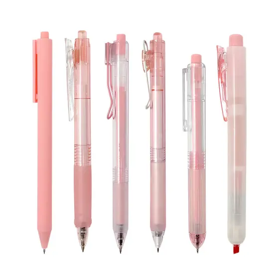 Wrapables Retractable Rollerball Pens and Highlighter Set, 0.5mm Black Gel Ink Pens for Home, Office, Stationery (Set of 6) Pink {1}