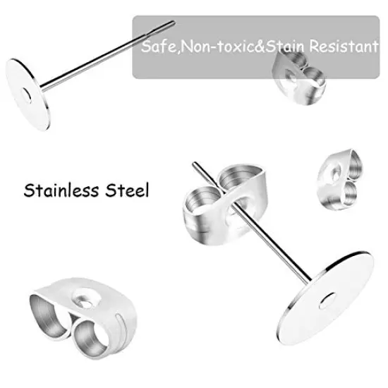 450 Pieces Earring Posts Stainless Steel Flat Pad,Hypoallergenic Stud Earrings with Butterfly and Rubber Bullet Earring Backs for Jewelry DIY Making Findings (Silver) (Silver) {4}