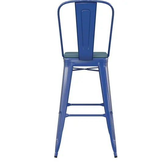 Emma and Oliver Kam Metal Indoor-Outdoor Stool with Removable Back and All-Weather Polystyrene Seat Blue/Teal-Blue {4}
